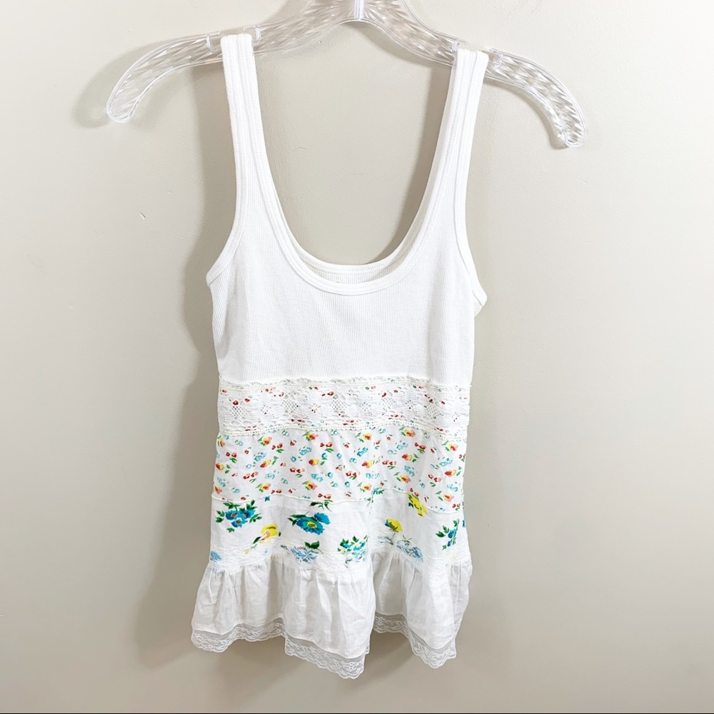 Free People White Floral Ribbed Lace Tie-Back Tank